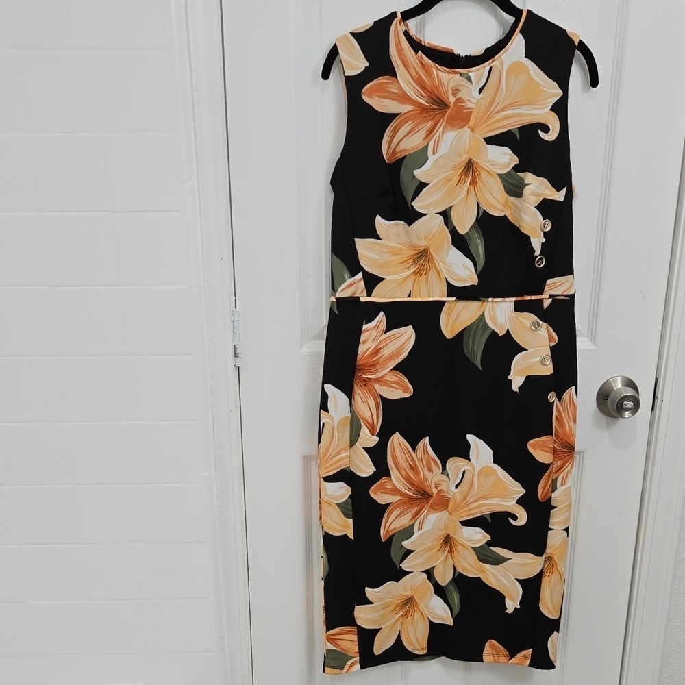 Floral Sleeveless Dress - Black and Orange